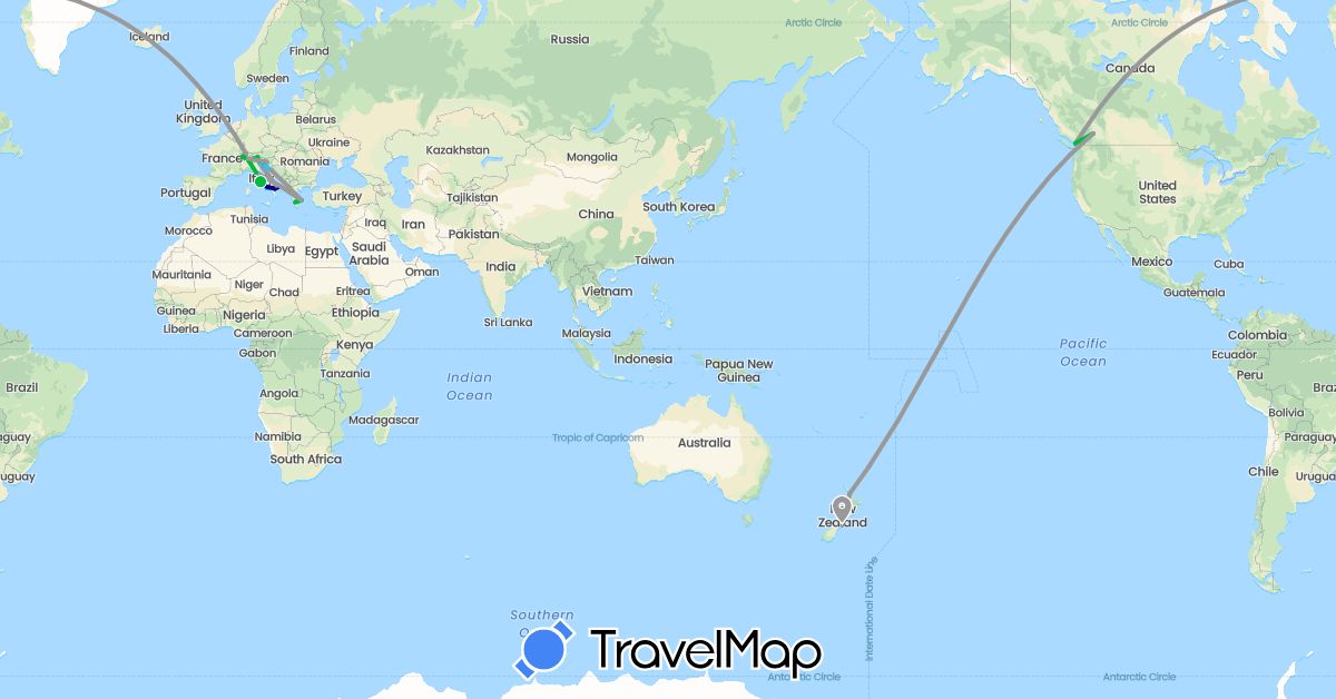 TravelMap itinerary: driving, bus, plane, boat in Canada, Switzerland, Greece, Croatia, Italy, New Zealand, Slovenia (Europe, North America, Oceania)